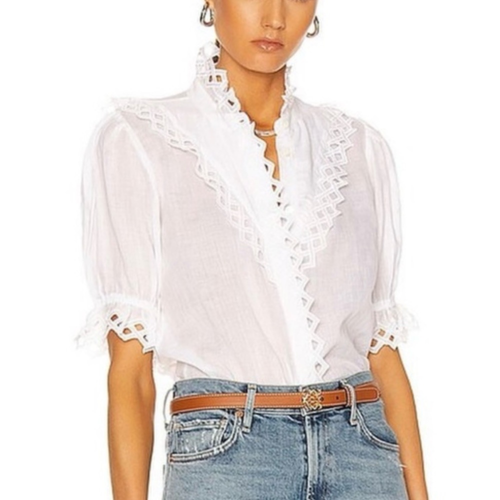 FRAME Elegant Embroidered White Lace Trim Blouse